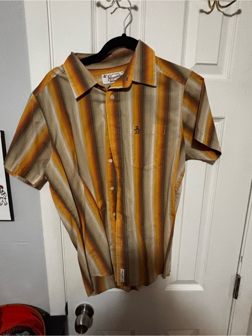 Original Penguin Short Sleeve Button-Down Shirt in Mustard, Brown, Gray Stripes